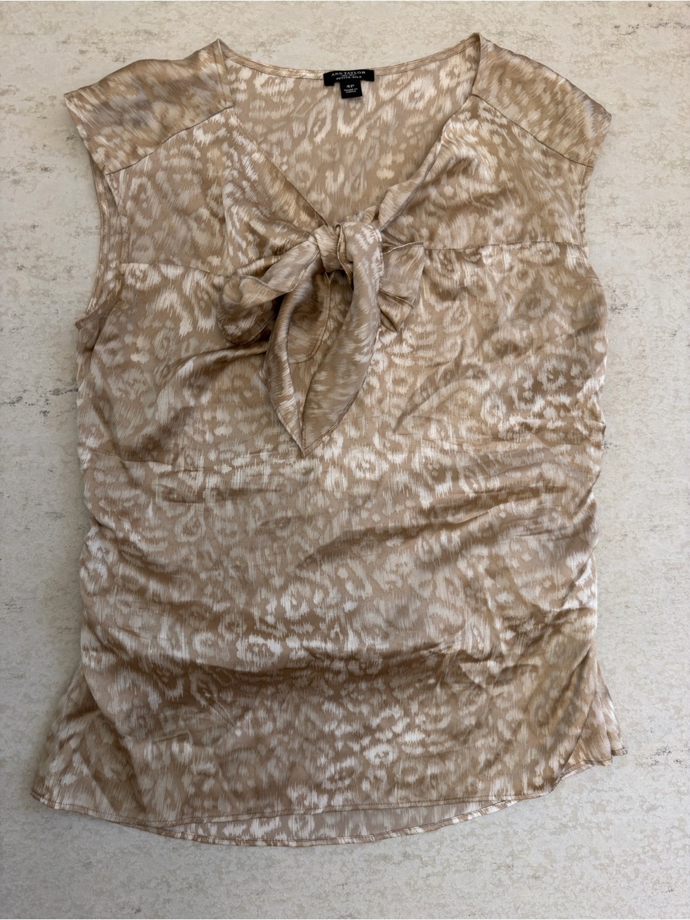 Ann Taylor Cheetah Prints Champagne Silk Neck Tie Blouse Size 4P